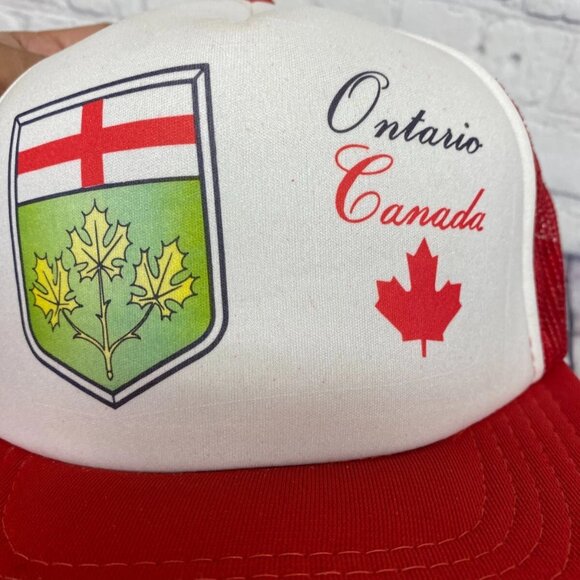 Vintage Hat Cap Snapback Red White Ontario Canada Trucker Mesh Shield Taiwan - Picture 10 of 11